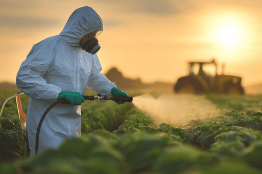 a farmer spraying agrochemicals on agricultural crops