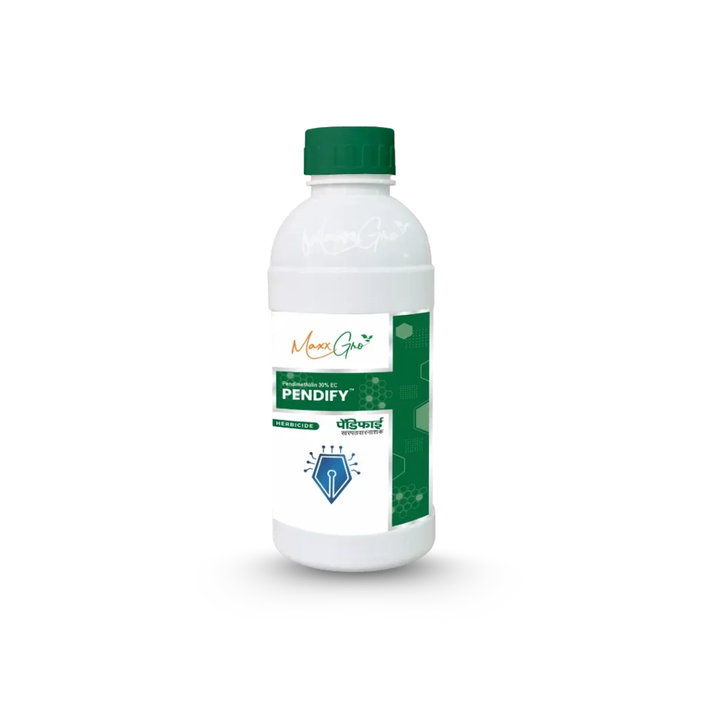 MaxxGro PENDIFY herbicide bottle, containing Pendimethalin 30% EC, a broad-spectrum, pre-emergence herbicide for controlling annual grasses and broadleaf weeds in field and vegetable crops.