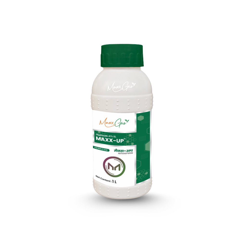 MaxxGro MAXX-UP herbicide bottle, containing Glyphosate 41% SL, a broad-spectrum non-selective systemic herbicide for effective control of annual and perennial weeds and grasses.