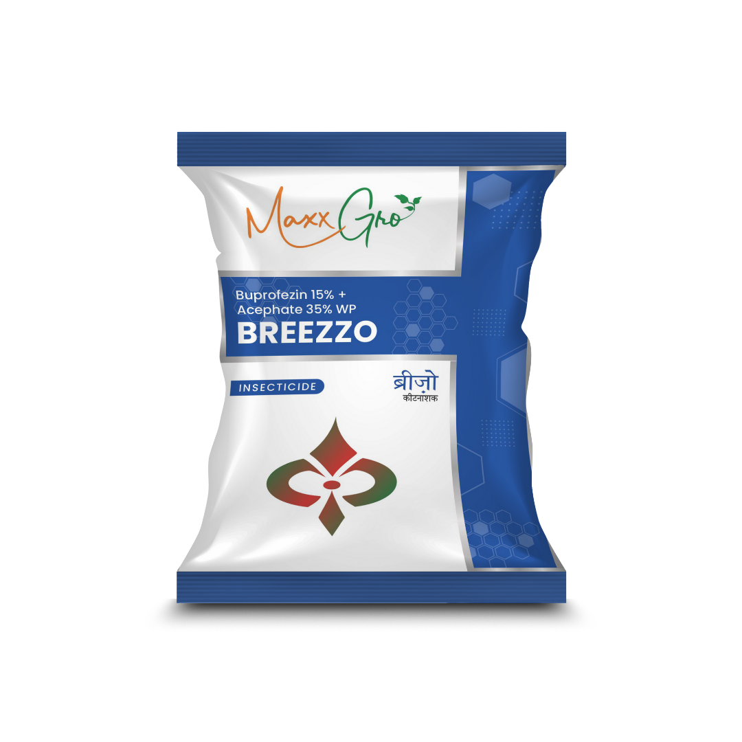 MaxxGro BREEZZO insecticide packet, containing Buprofezin 15% and Acephate 35% WP, a combination insecticide providing control of sucking pests, including hoppers and whiteflies, with IGR (Insect Growth Regulator) and systemic action.