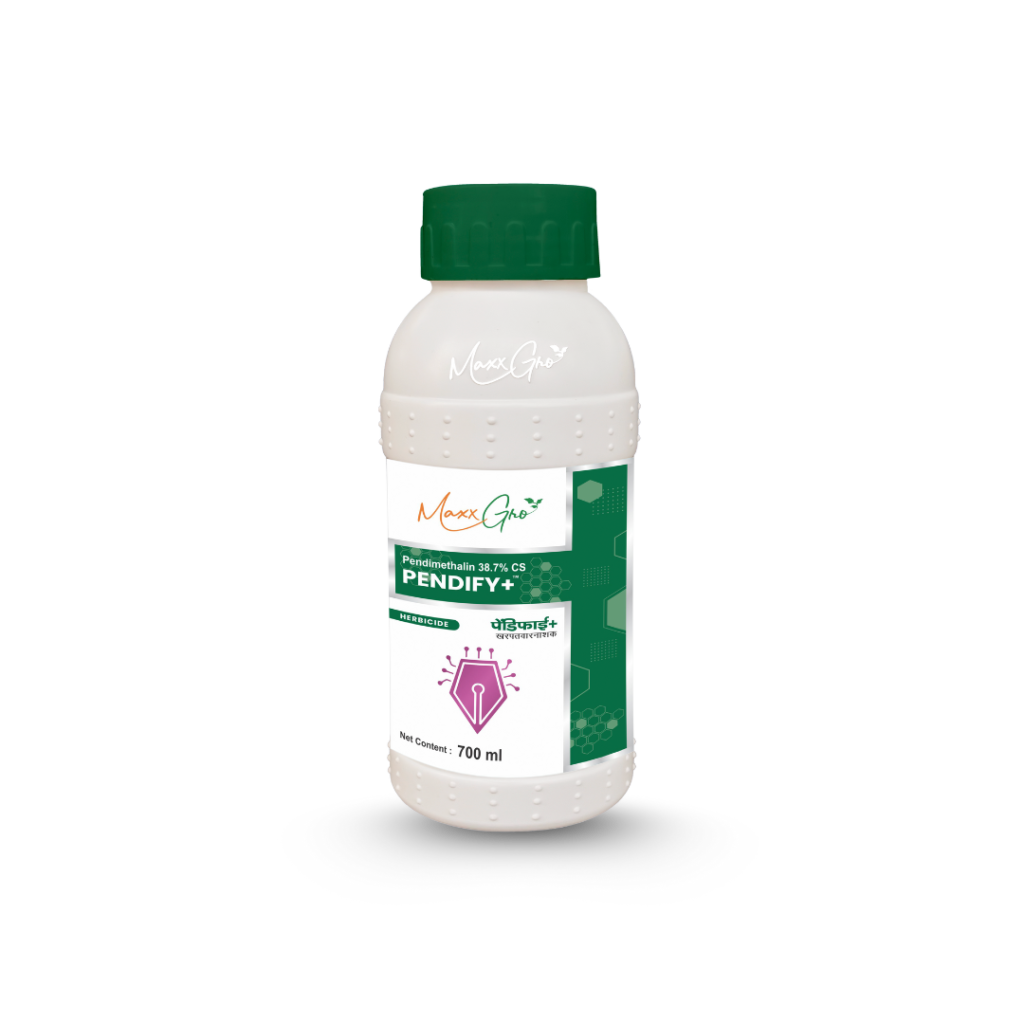 MaxxGro PENDIFY+ herbicide bottle, containing Pendimethalin 38.7% CS, a broad-spectrum, pre-emergence and early post-emergence weed killer for grasses and broadleaf weeds in major crops.