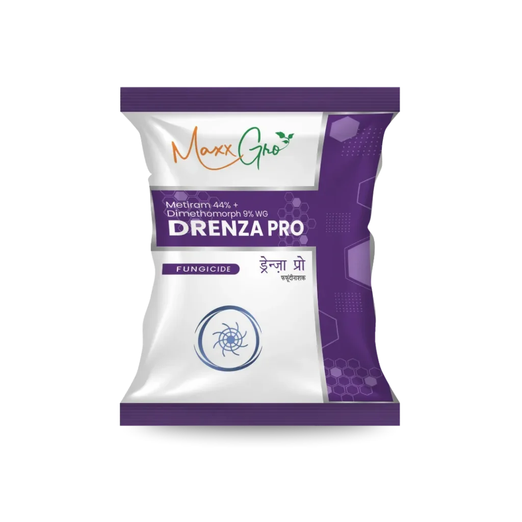 Drenza Pro fungicide packet by Maxxgro Agrology Limited, featuring the Metiram 44% Dimethomorph 9% WG formulation.