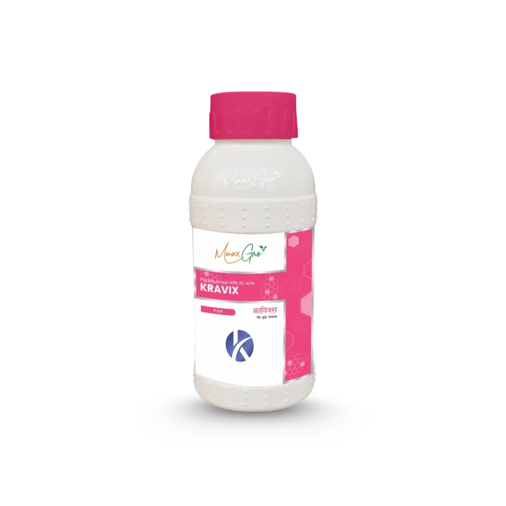 Kravix plant growth regulator bottle by Maxxgro Agrology Limited, featuring Paclobutrazol 40% SC formulation.