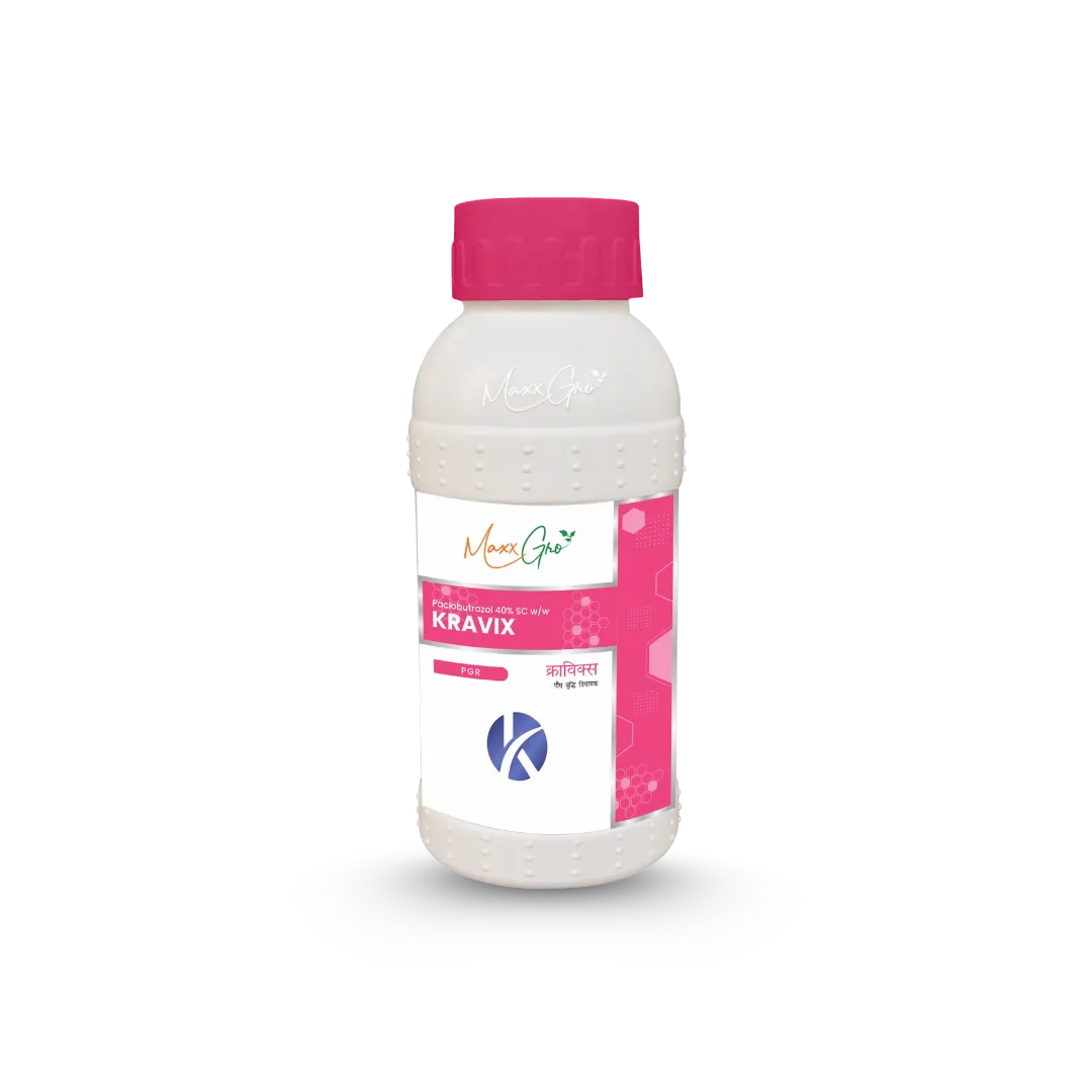 Kravix plant growth regulator bottle by Maxxgro Agrology Limited, featuring Paclobutrazol 40% SC formulation.