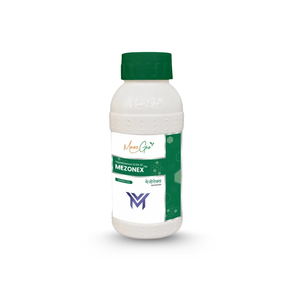 MaxxGro MEZONEX herbicide bottle, containing Bispyribac-sodium 10% SC, a powerful selective, post-emergence weed killer for controlling grasses, sedges, and broadleaf weeds in rice (paddy) fields.