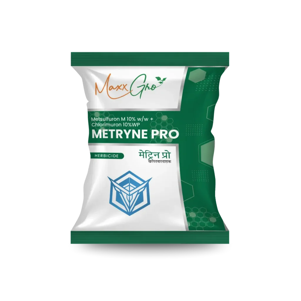 Metryne Pro herbicide packet by Maxxgro Agrology Limited, featuring the Metsulfuron Methyl 10% + Chlorimuron Ethyl 10% WP formulation.