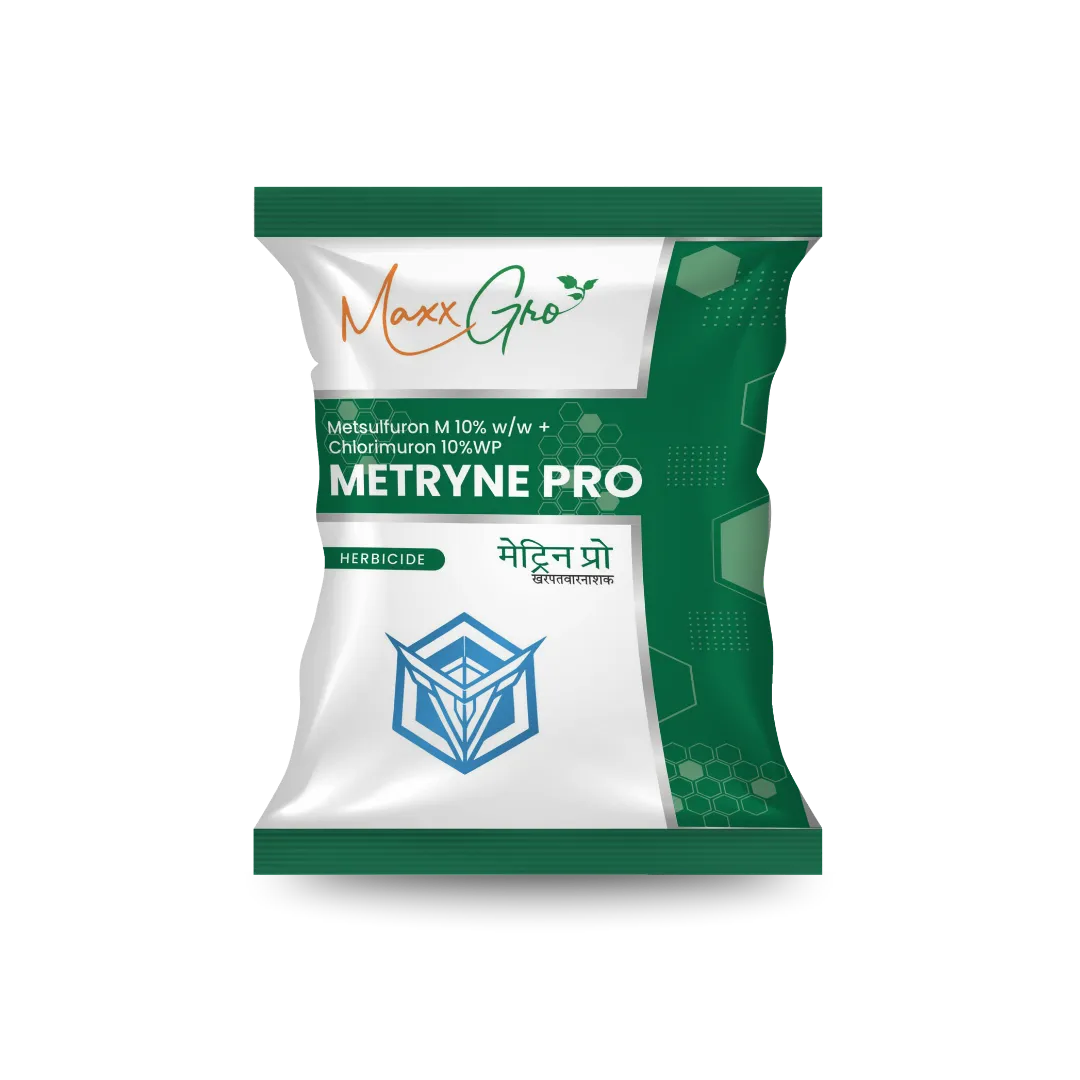 Metryne Pro herbicide packet by Maxxgro Agrology Limited, featuring the Metsulfuron Methyl 10% + Chlorimuron Ethyl 10% WP formulation.