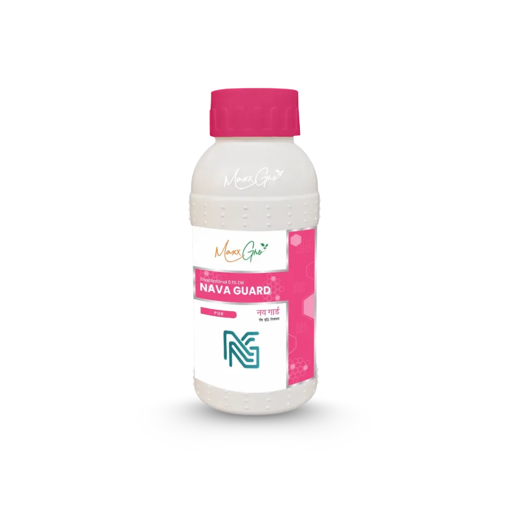 Nava Guard plant growth regulator bottle by Maxxgro Agrology Limited, featuring Triacontanol 0.1% EW formulation.