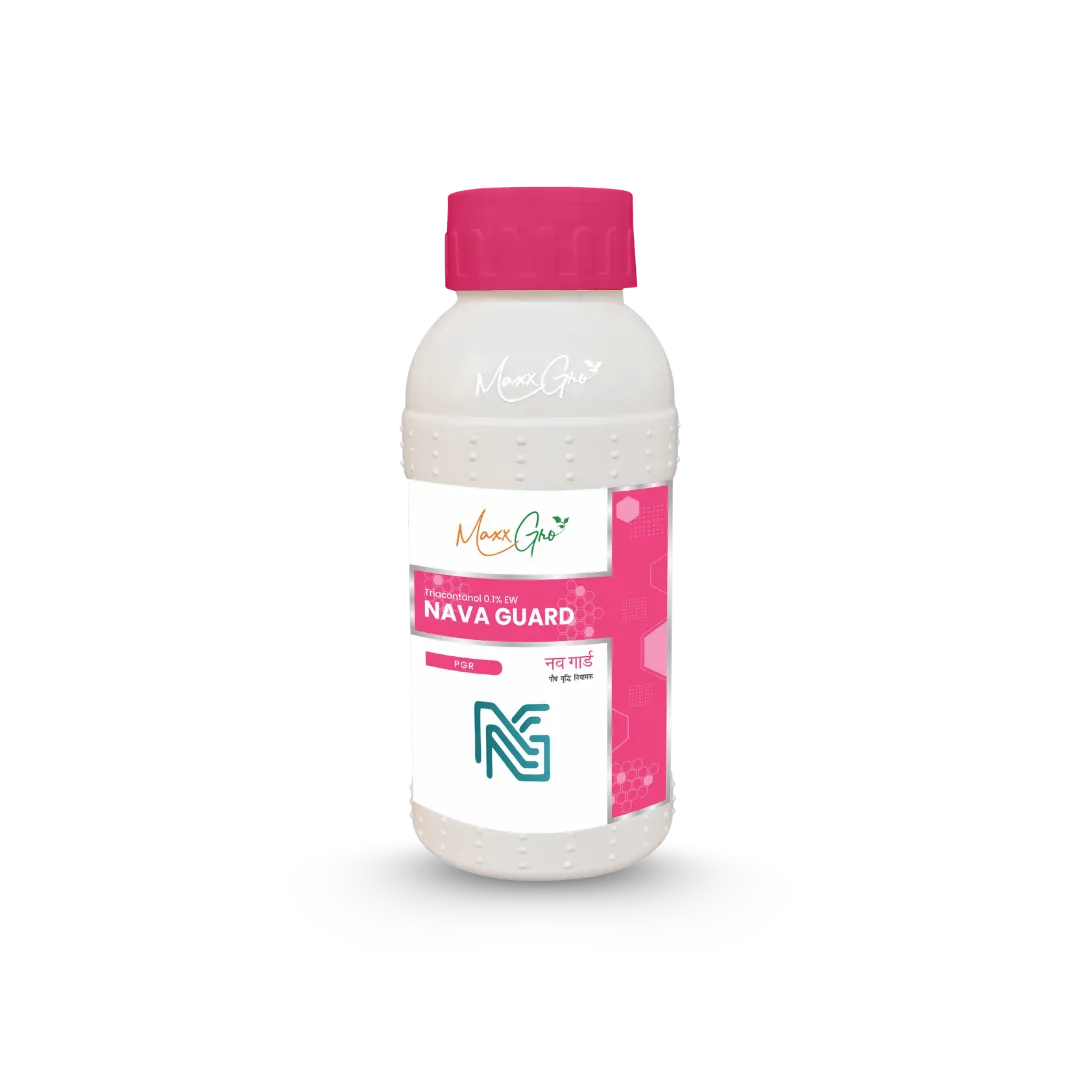 Nava Guard plant growth regulator bottle by Maxxgro Agrology Limited, featuring Triacontanol 0.1% EW formulation.