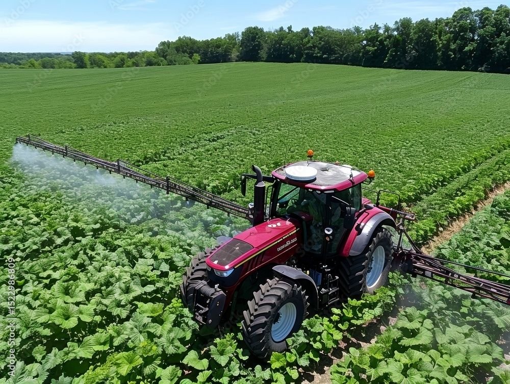Aerial view of a large red tractor with sprayer booms applying MaxxGro technical agrochemicals over a vast crop field, illustrating precision farming and high-efficiency application in Indian agriculture.