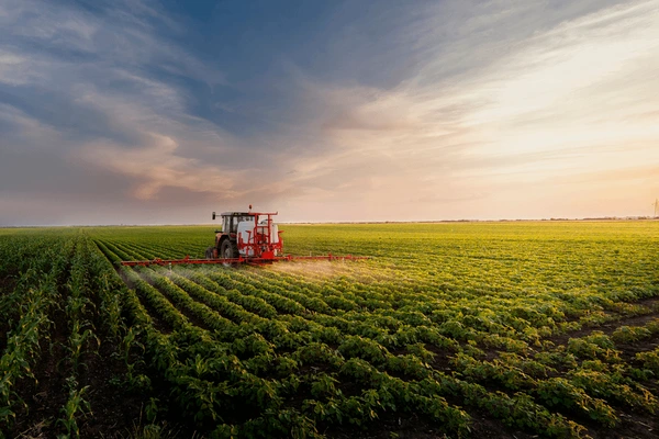 Farmer wearing full PPE and respirator applying herbicide at sunset, illustrating safe and responsible practices for smart weed management in Indian agriculture.