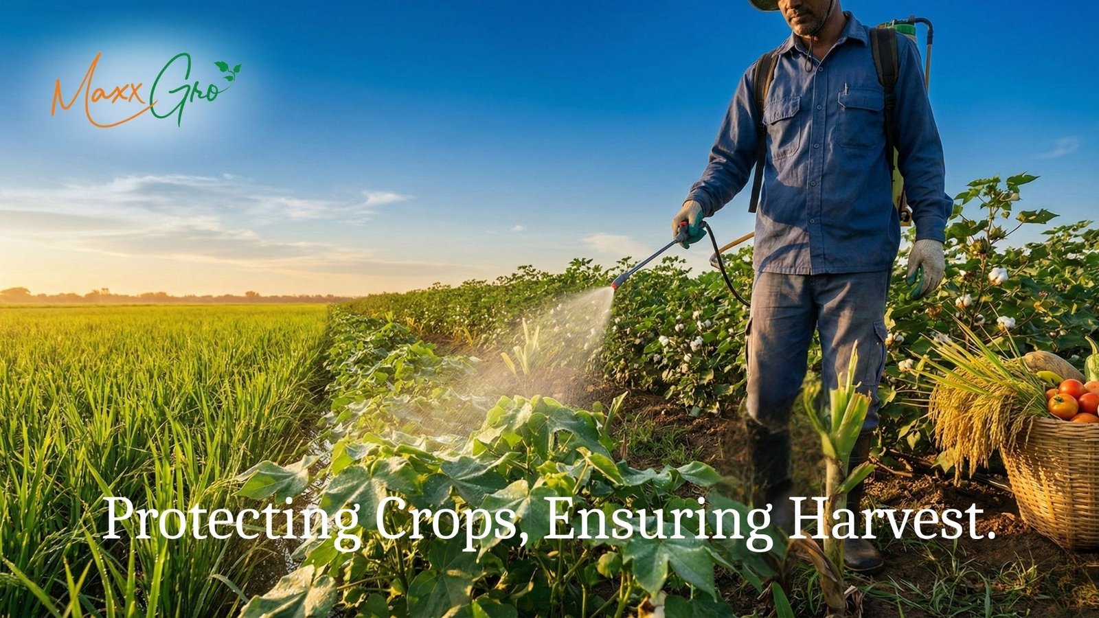 Farmer spraying MaxxGro insecticide on lush cotton and rice crops with a harvest basket in the background best insecticides