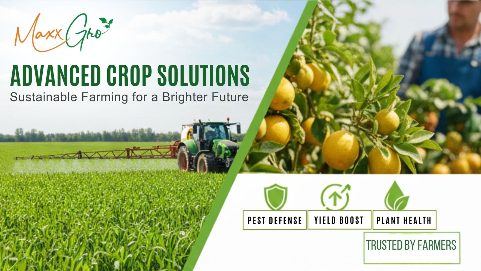 tractor spraying crops, highlighting Advanced Crop Solutions for sustainable farming, Pest Defense, Yield Boost, and Plant Health - Maxxgro.
