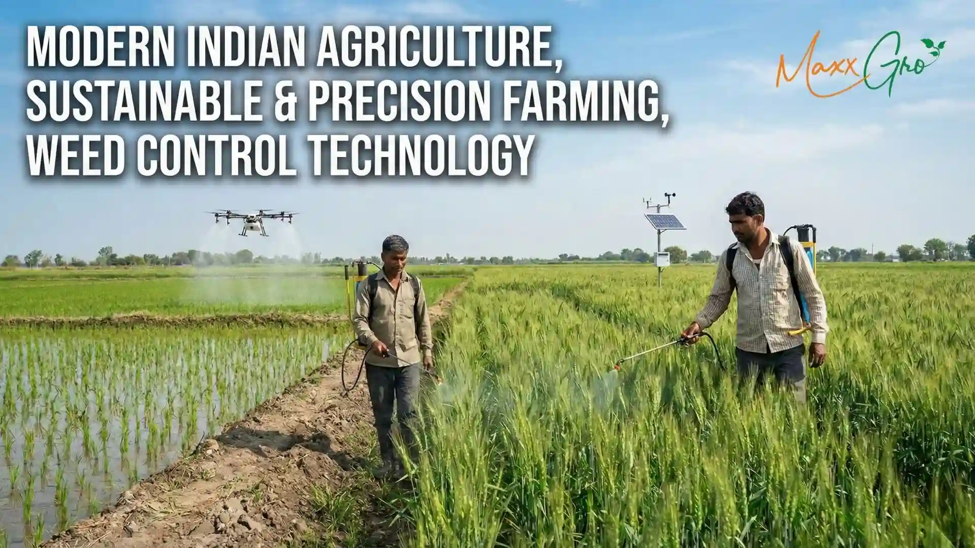Two Indian farmers spraying crops in wheat and rice fields, with an agricultural drone spraying in the background and a solar-powered weather station. Overlay text reads "MODERN INDIAN AGRICULTURE, SUSTAINABLE & PRECISION FARMING, WEED CONTROL TECHNOLOGY" alongside the Maxx Gro logo, representing Maxx Gro Agrology Limited's solutions.