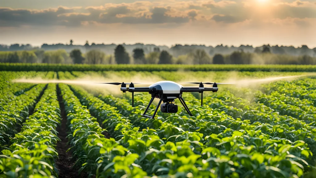 Precision application of agrochemical pesticides using a modern agricultural drone on a sustainable farm.