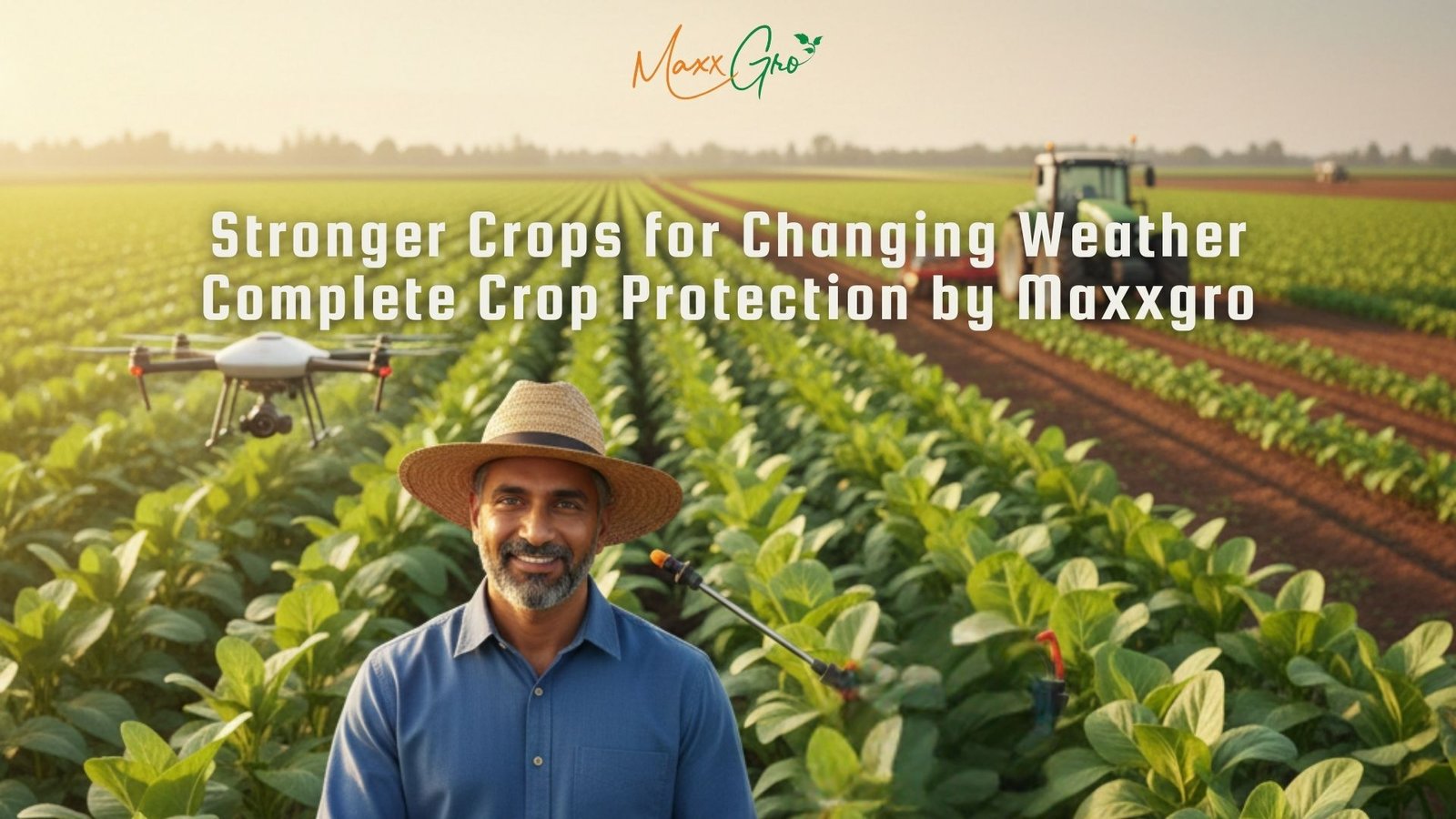 A smiling farmer in a field with a drone and tractor, representing Maxxgro’s complete crop protection for changing weather.