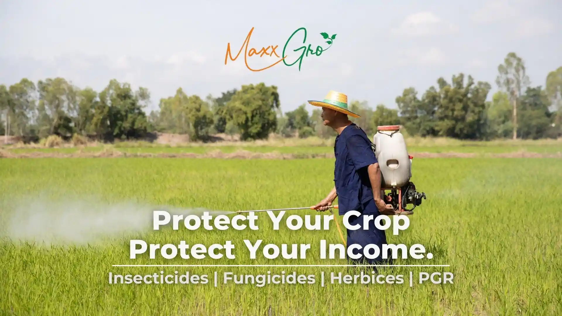 Farmer applying professional crop protection services to a green field using a backpack sprayer.