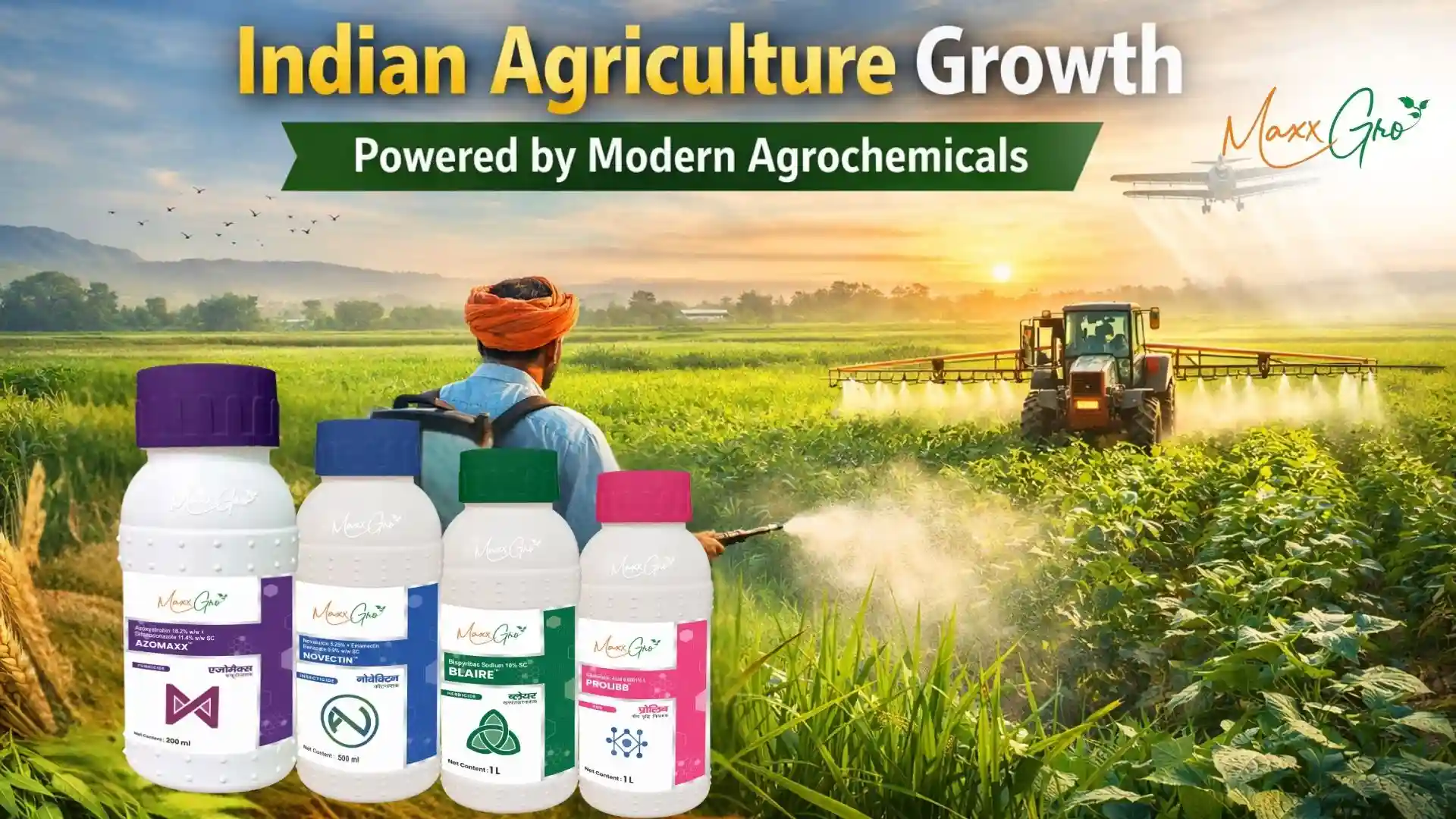 Farmer spraying crops in a lush green field with MaxxGro Agrology Limited agrochemical products like Azomaxx and Blaire in the foreground.