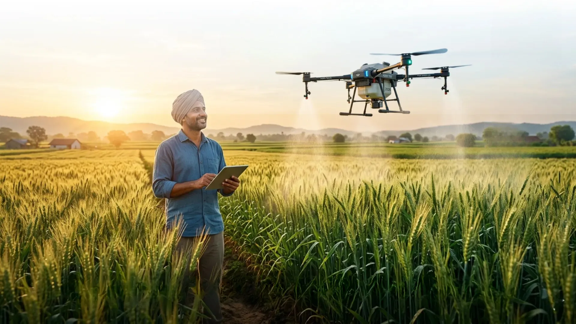 A farmer using a drone for the precision application of PGRs (Plant Growth Regulators) in a wheat field, representing Deep Soil Agrology Limited's 2026 agricultural technology.