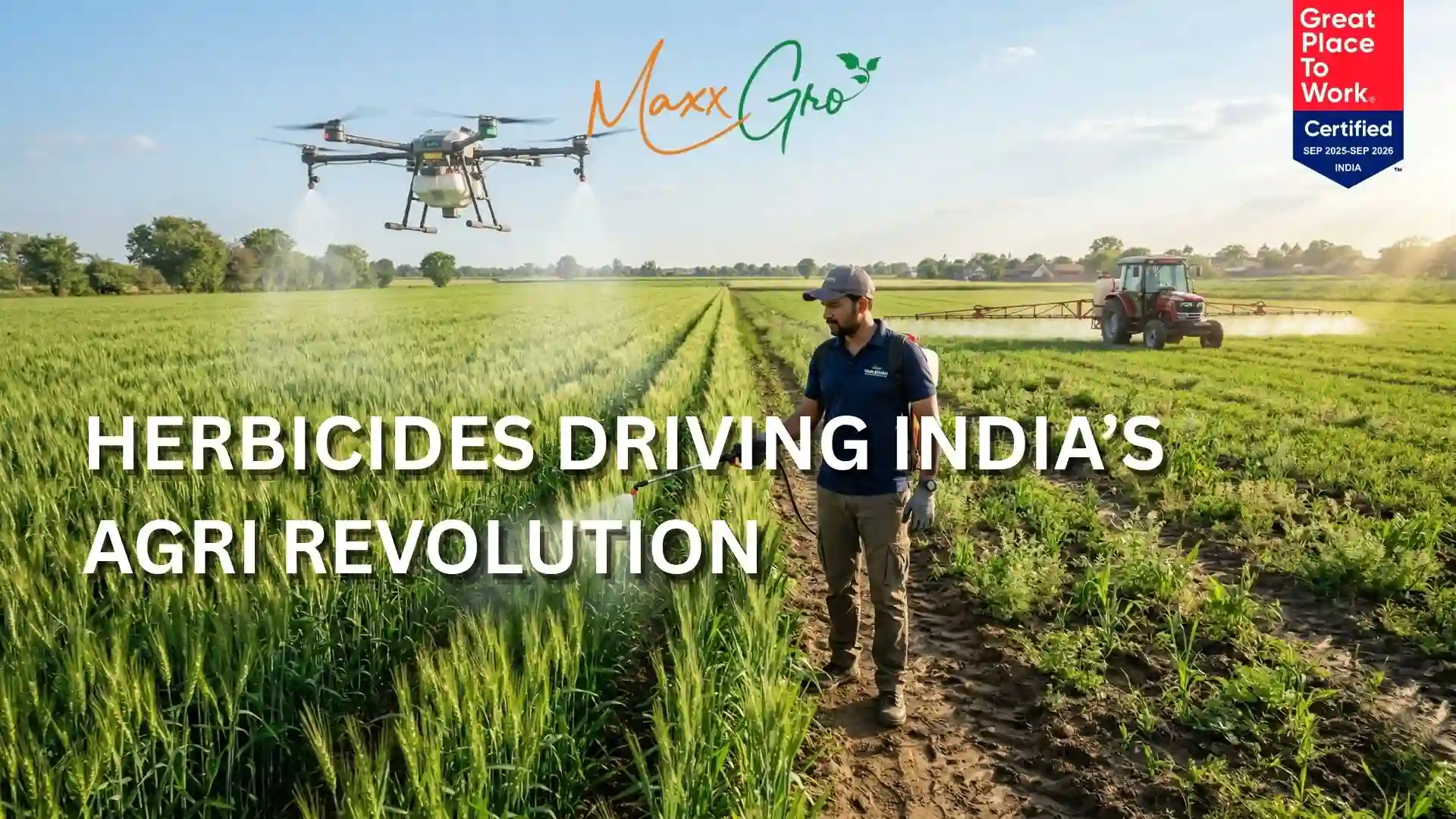 A farmer using MaxxGro herbicides in an Indian wheat field with a crop-spraying drone and tractor in the background, driving India’s 2026 agri-revolution.