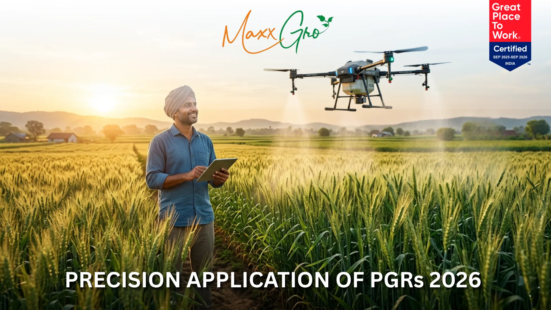 A farmer using a drone for the precision application of PGRs (Plant Growth Regulators) in a wheat field, representing MaxxGro Agrology Limited's 2026 agricultural technology.