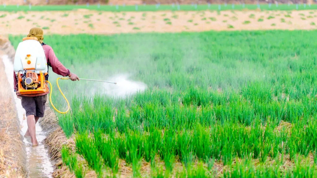 Indian farmer applying insecticide crop protection for rice, cotton, and cereals in a Deep Soil 2026-27 guide.