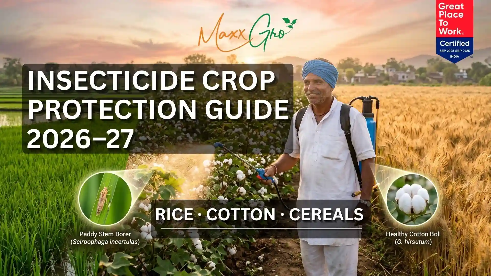 Indian farmer applying insecticide crop protection for rice, cotton, and cereals in a Maxx Gro 2026-27 guide.