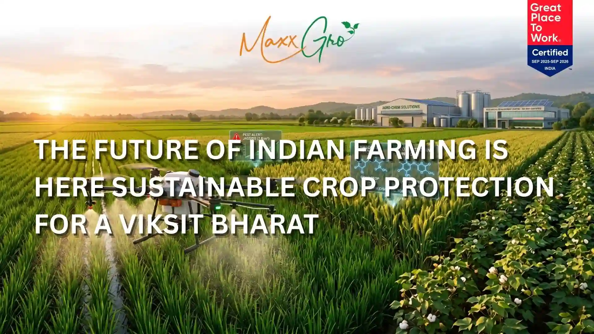 A high-tech agricultural drone spraying crops, representing the future of sustainable agrochemicals India 2026 for advanced crop protection and a Viksit Bharat.
