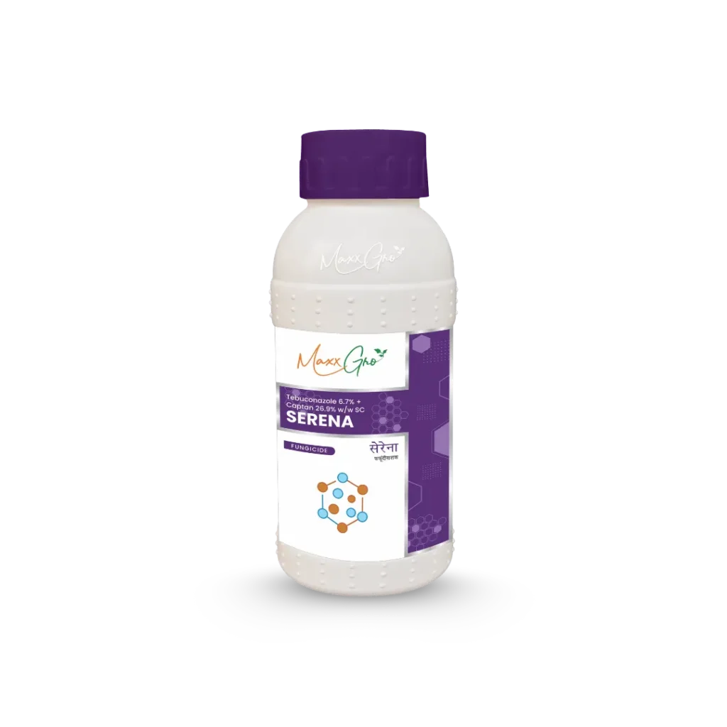 Serena fungicide bottle by Maxxgro Agrology Limited, featuring Serena Fungicide | Tebuconazole 6.7% + Captan 26.9% w/w SC formulation.