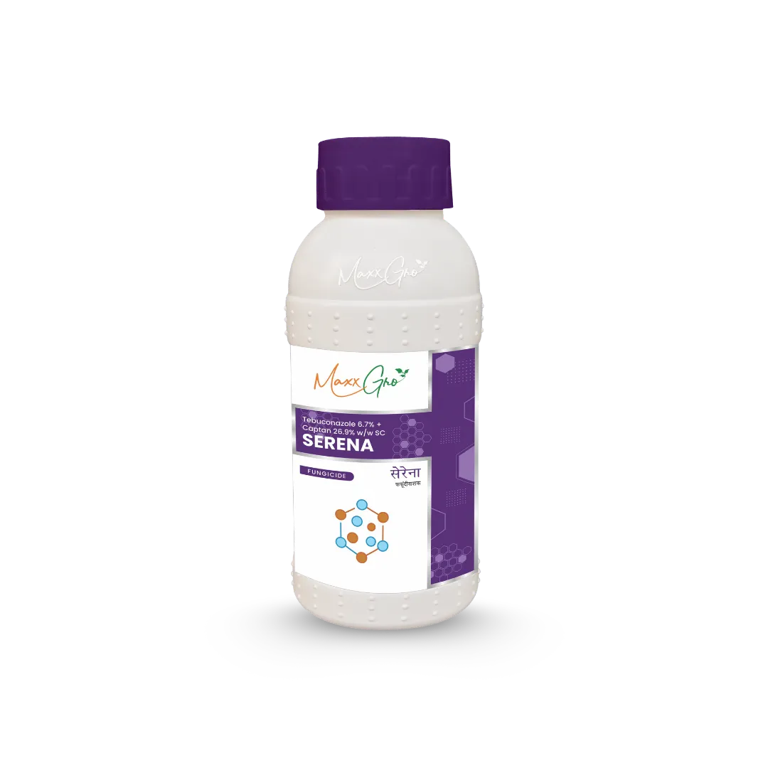 Serena fungicide bottle by Maxxgro Agrology Limited, featuring Serena Fungicide | Tebuconazole 6.7% + Captan 26.9% w/w SC formulation.