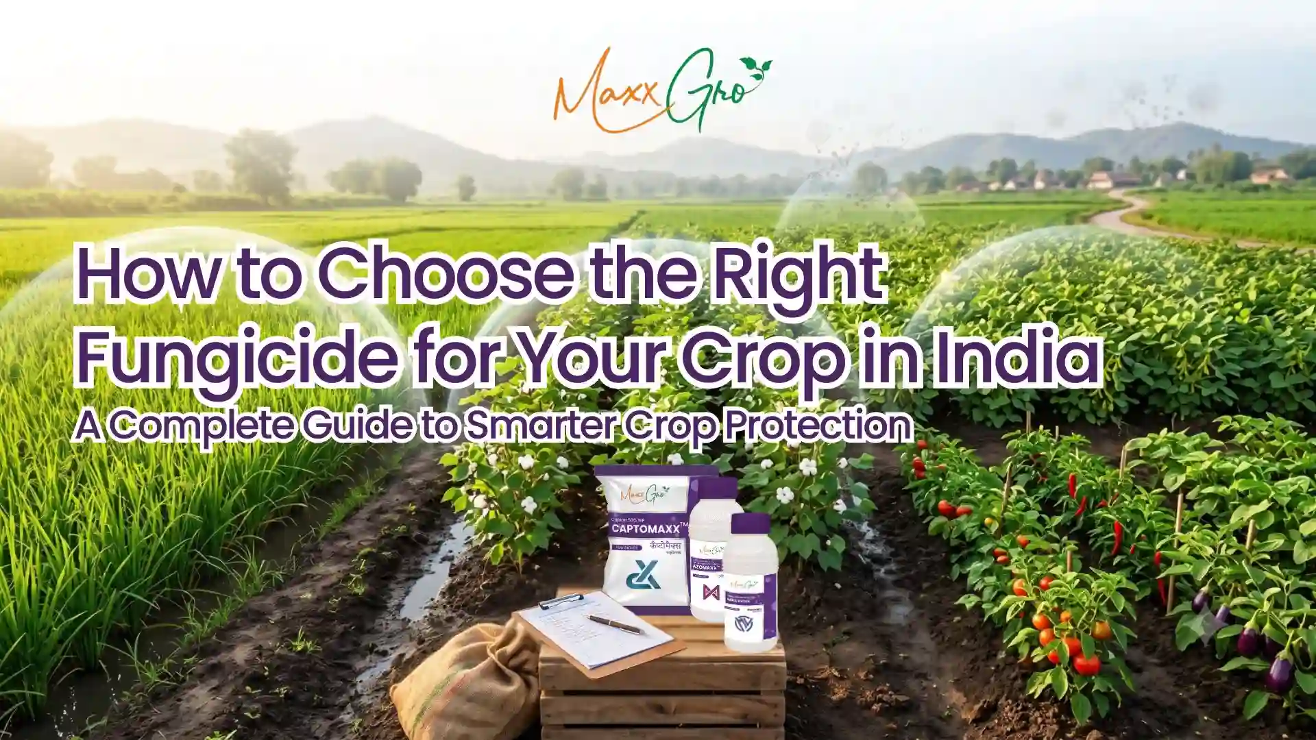 Healthy Indian agricultural crops protected with fungicides illustrating a complete guide to choosing the right fungicide for crop protection in India by MaxxGro.