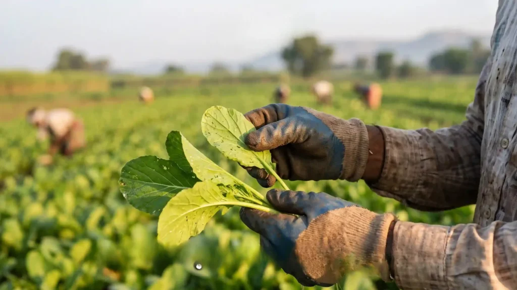 farmer inspecting healthy crop leaves | Deep Soil