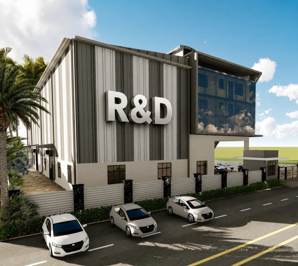 Maxxgro Agrology Limited modern R&D building exterior with large 3D signage, glass facade, and street-level parking.