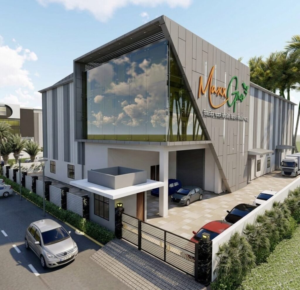 Maxxgro Agrology Limited research and development centre exterior featuring modern glass architecture, entry gate, and parking facility.