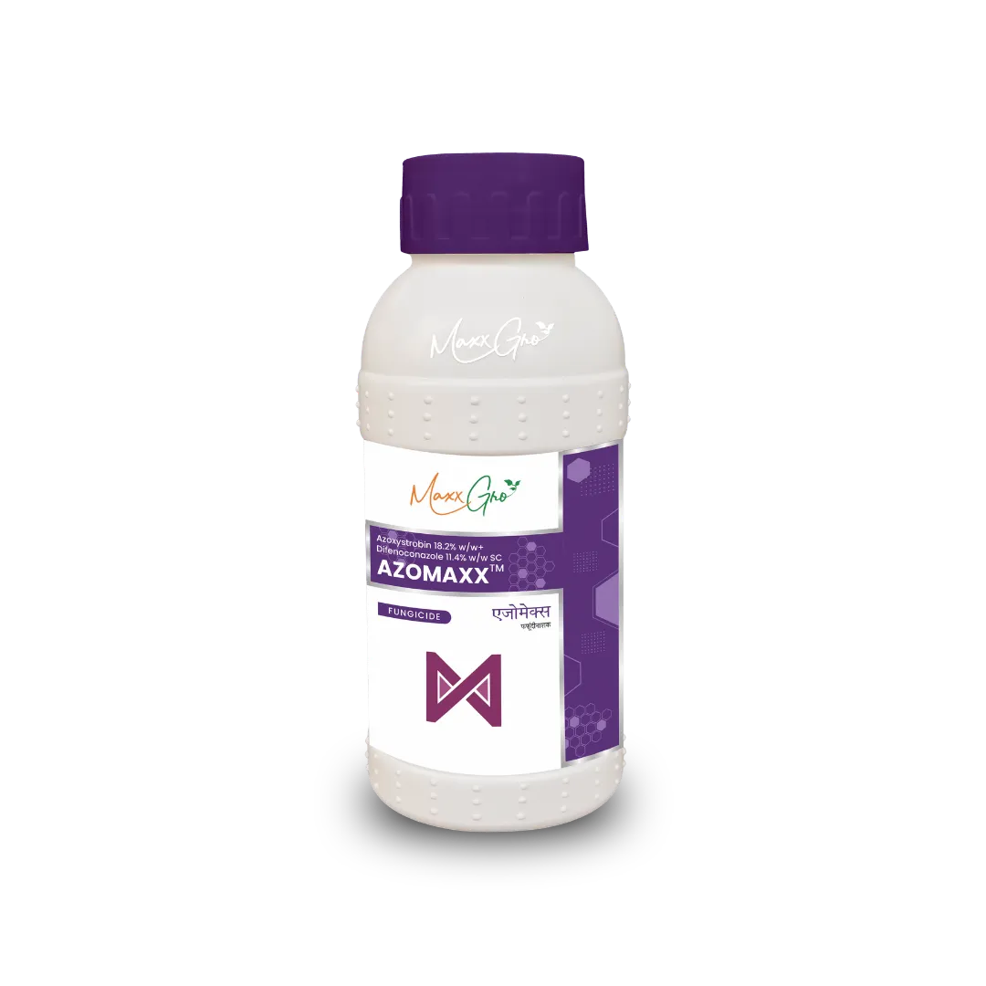 Azomaxx Azoxystrobin 18.2% + Difenoconazole 11.4% SC fungicide bottle pack by MaxxGro Agrology Limited