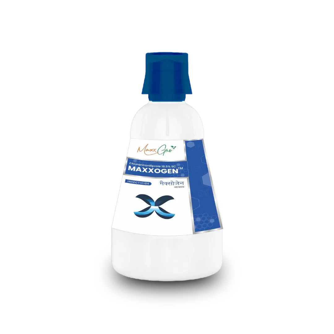 Maxxogen Chlorantraniliprole 18.5% SC insecticide conical bottle pack by MaxxGro Agrology Limited