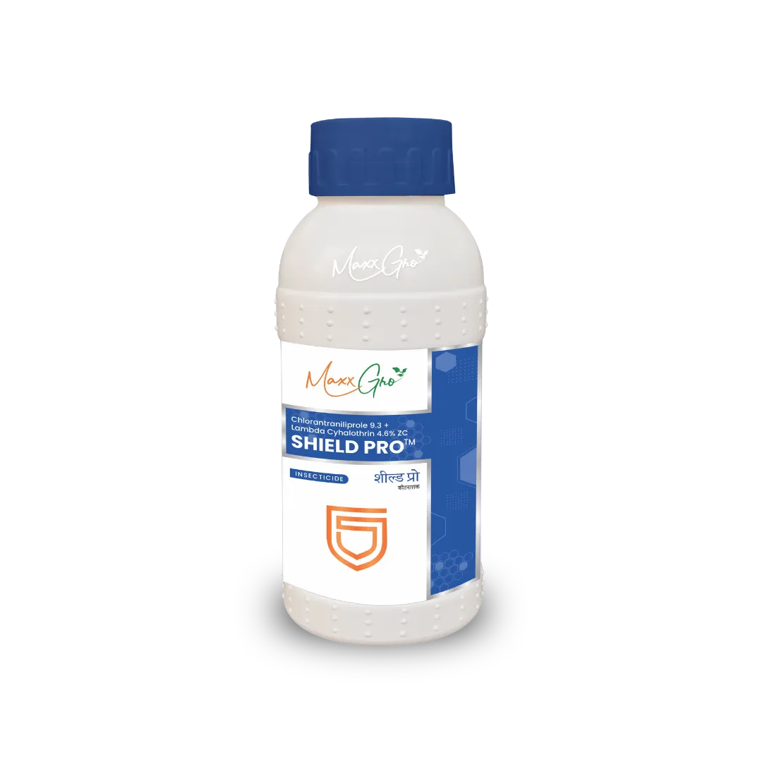 Shield Pro Chlorantraniliprole 9.3% + Lambda-Cyhalothrin 4.6% ZC insecticide bottle pack by MaxxGro Agrology Limited