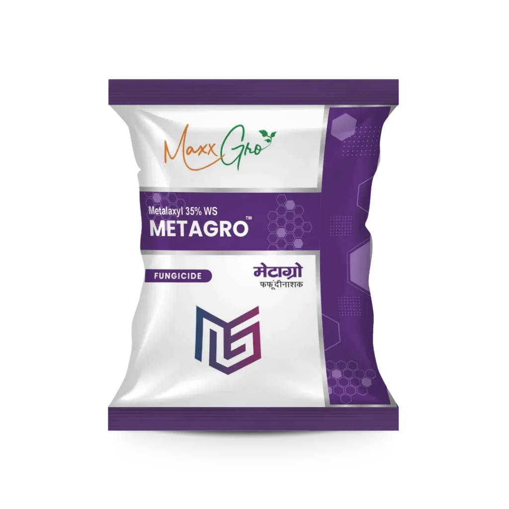 Metagro Metalaxyl 35% WS fungicide pouch pack by MaxxGro Agrology Limited.