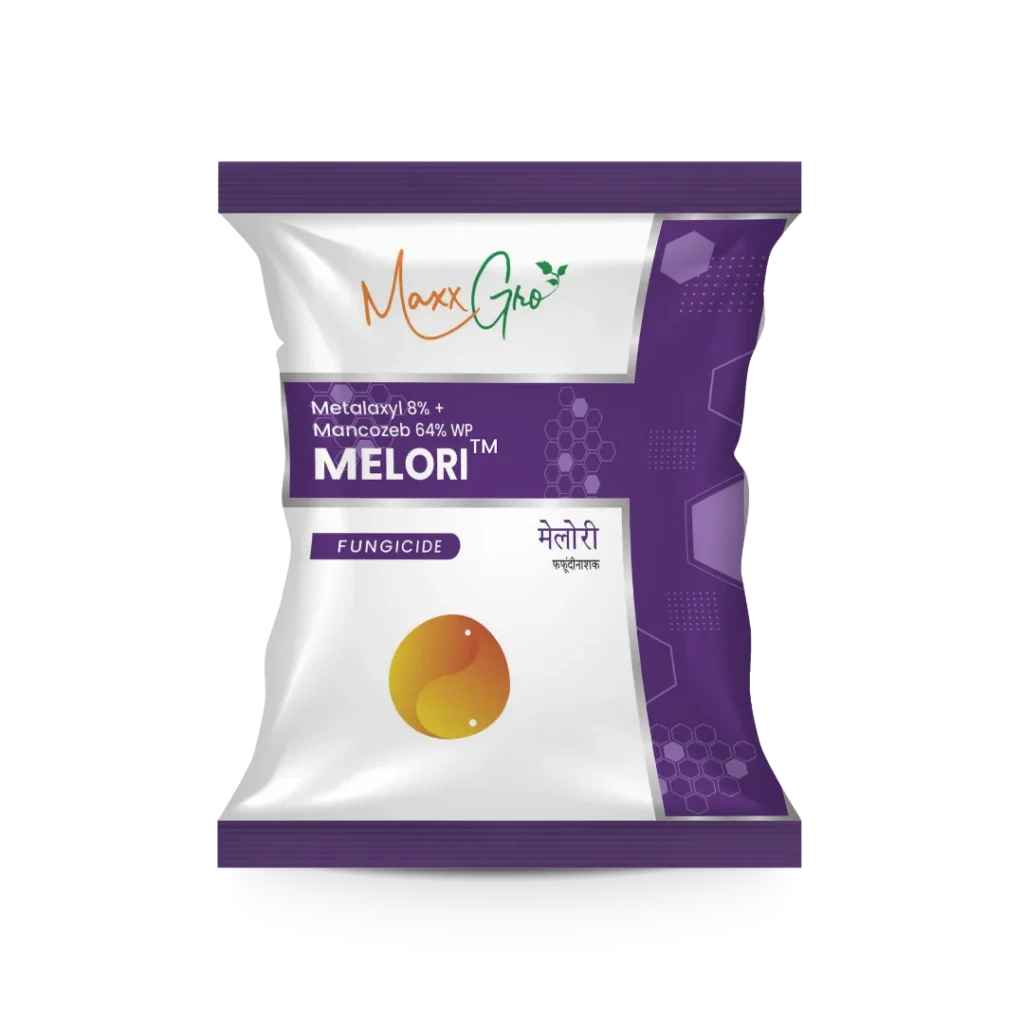 Melori Metalaxyl 8% + Mancozeb 64% WP fungicide pouch pack by MaxxGro Agrology Limited.