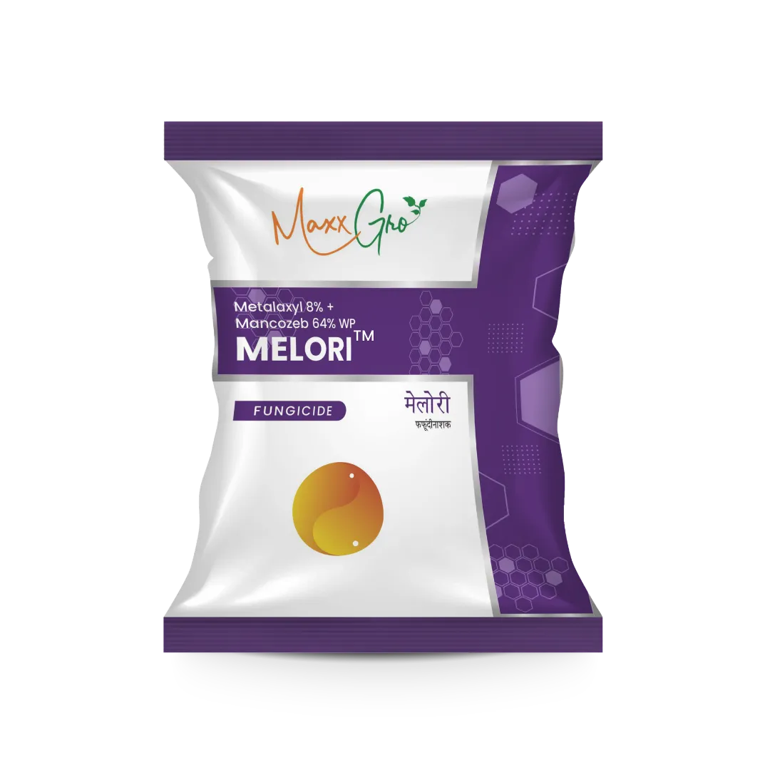 Melori Metalaxyl 8% + Mancozeb 64% WP fungicide pouch pack by MaxxGro Agrology Limited.